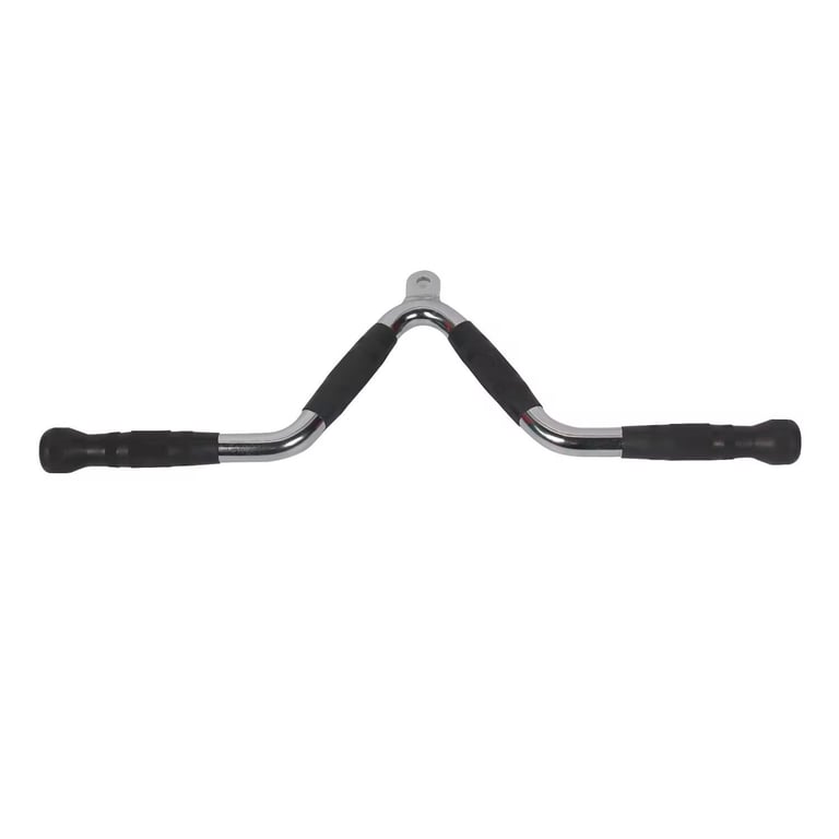 Chrome and black curved weight machine bar with handles on both ends, used for strength training exercises