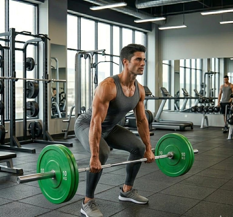 Man performing a barbell deadlift with green weights in a modern gym
