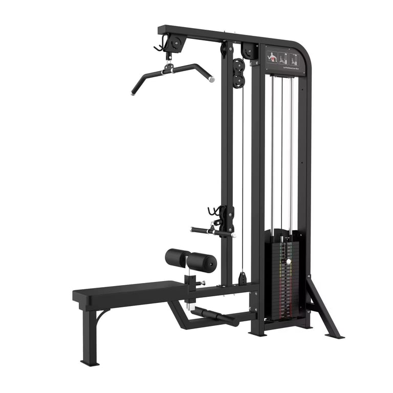 Black cable machine gym equipment with lat pulldown and row attachments on white background