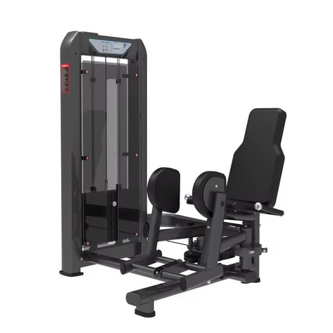 Black commercial leg press machine with digital display and padded seat for strength training