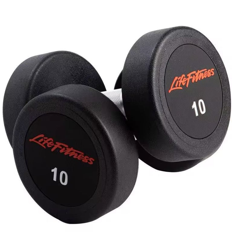 Pair of black Life Fitness 10-pound dumbbells with red logo labels on white background