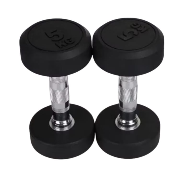 Pair of black rubber dumbbells with chrome handles, 5kg weights